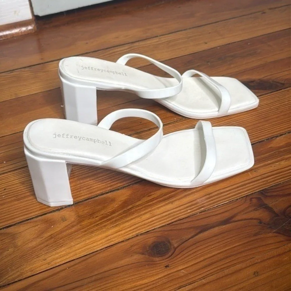 Jeffrey Campbell Glossy Patent White Strappy Sandal with Block Heel